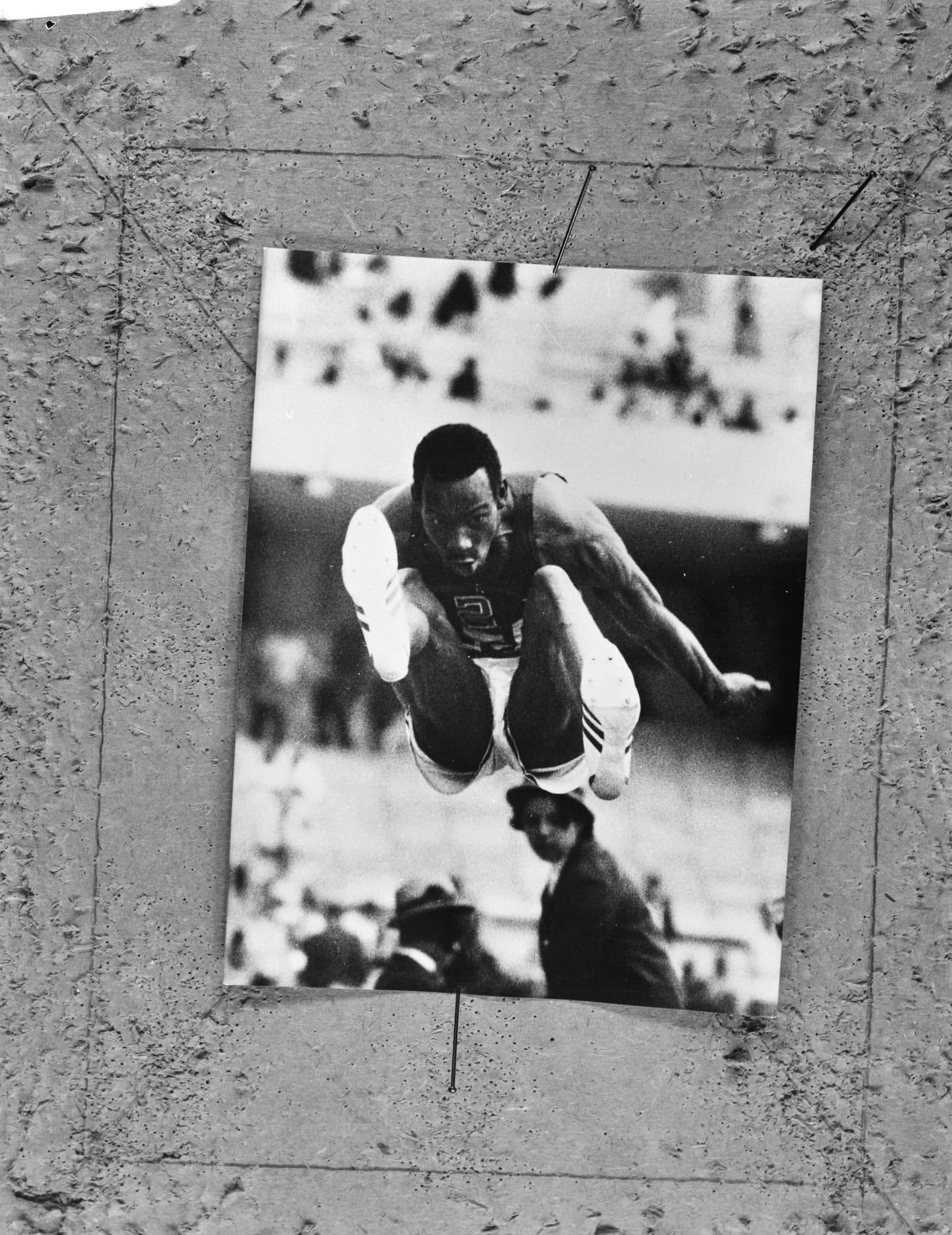 Bob Beamon in mid-air during his world record long jump at the 1968 Mexico City Olympics