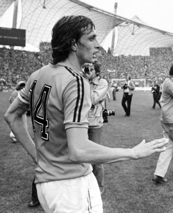 Johan Cruyff walking off the pitch in a Netherlands shirt, 1974 World Cup