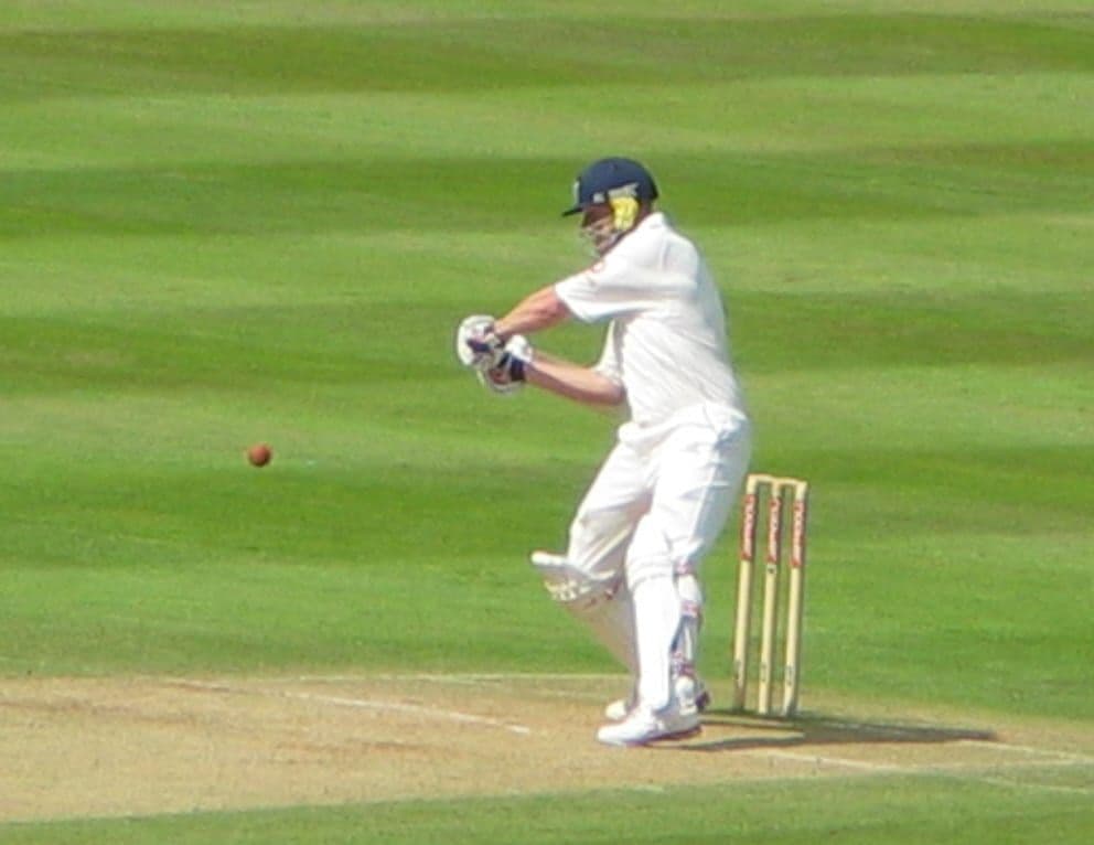 Andrew Flintoff batting during the 2005 Ashes Test at Edgbaston