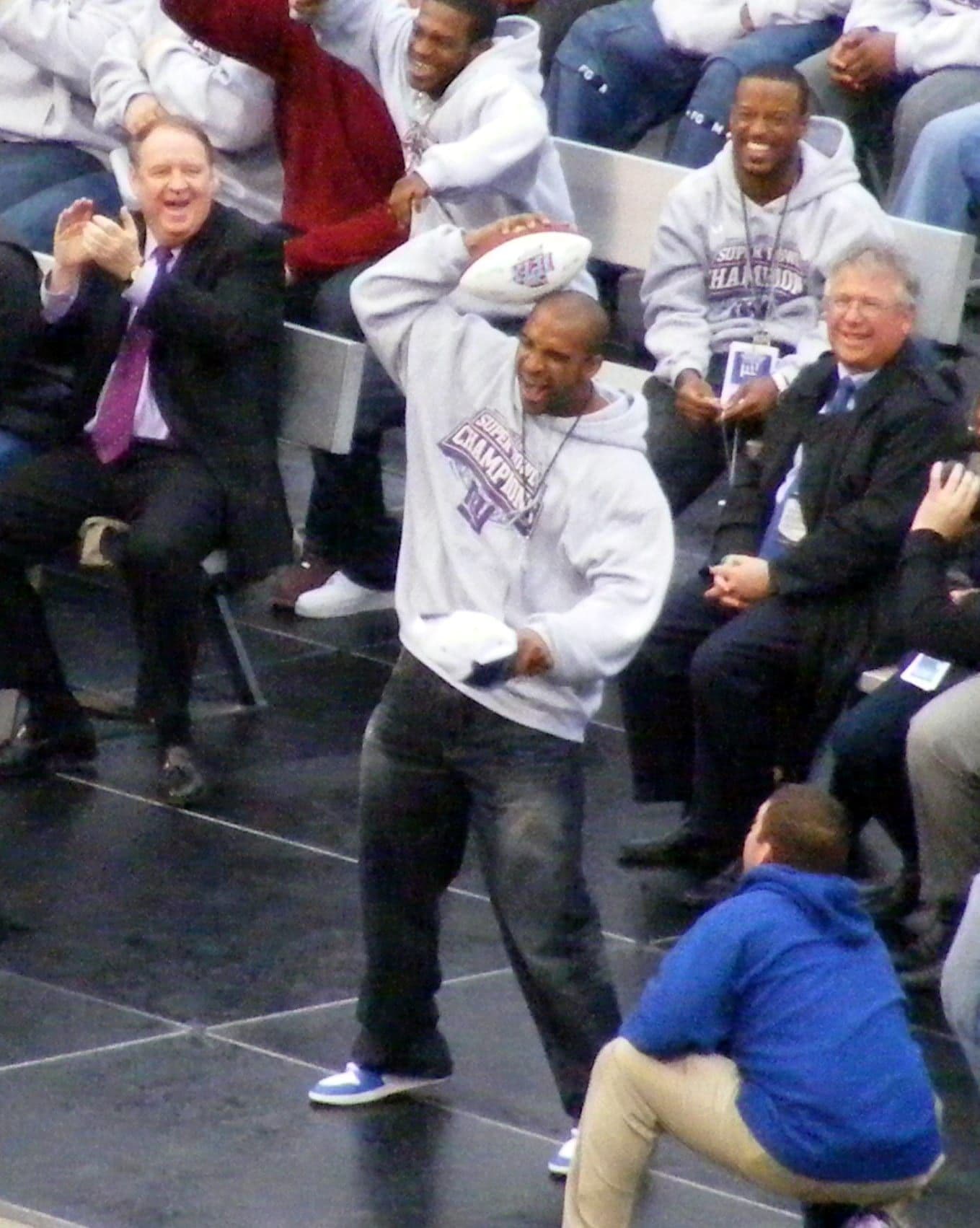 New York Giants players celebrating their Super Bowl XLII win over the New England Patriots