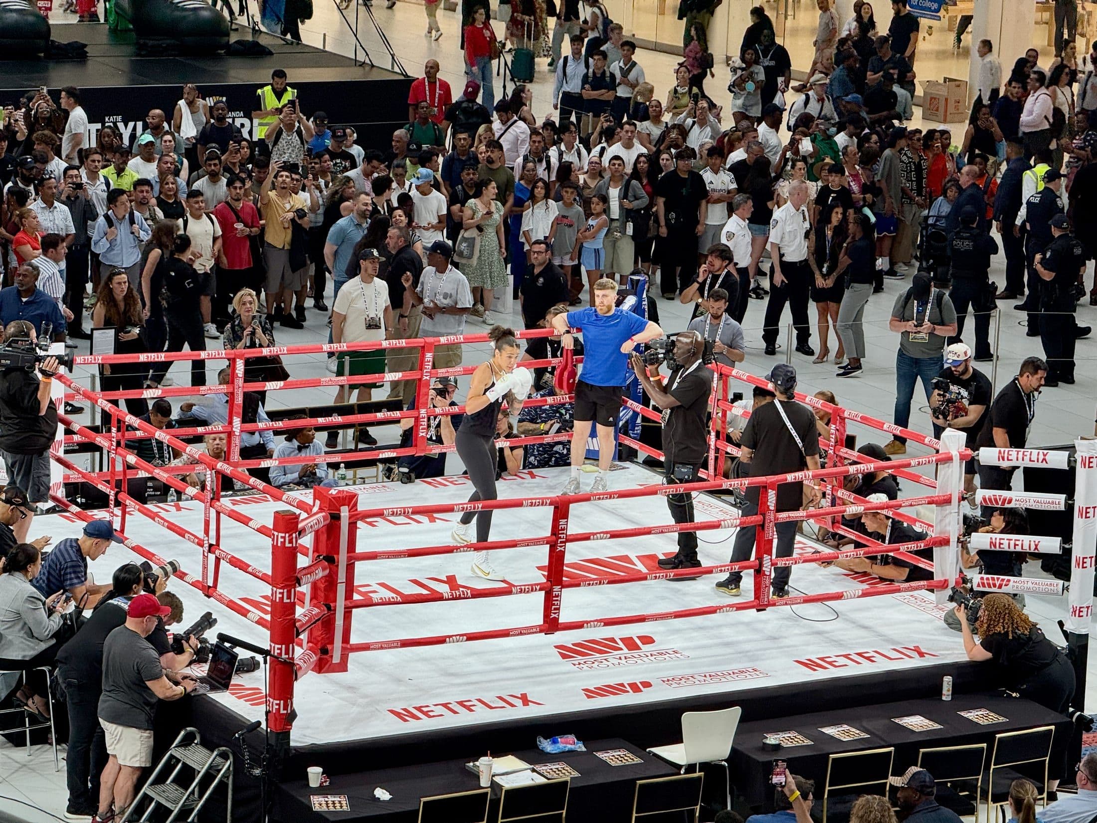 Katie Taylor training at a public workout ahead of a fight against Amanda Serrano