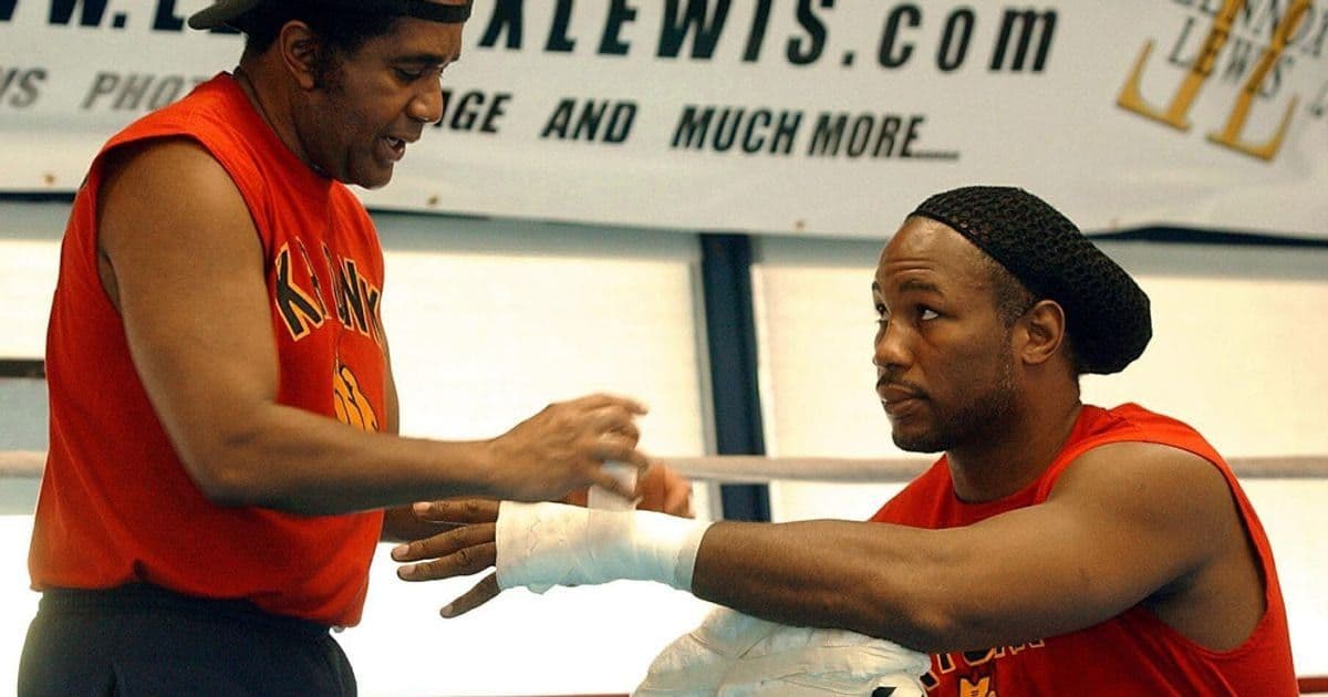 Lennox Lewis having his hands wrapped before a fight