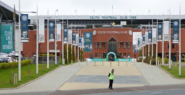 Celtic Park exterior with banners commemorating the 1967 European Cup win
