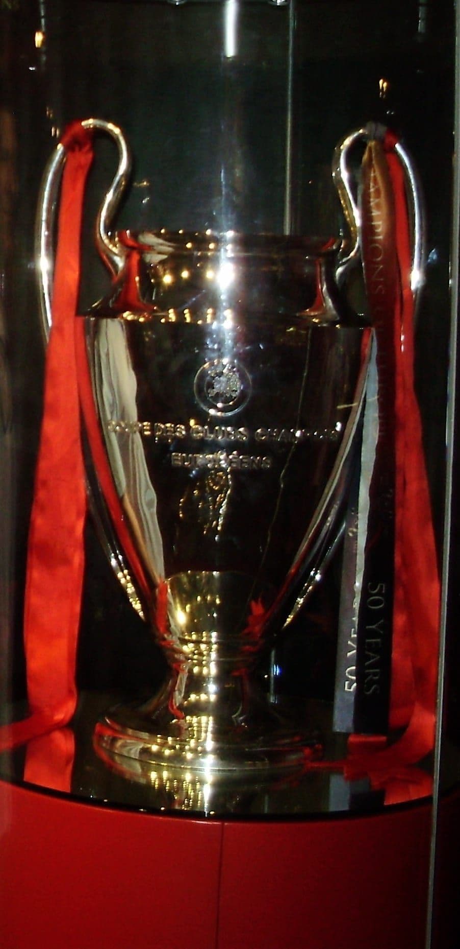 The European Cup trophy on display with Liverpool ribbons