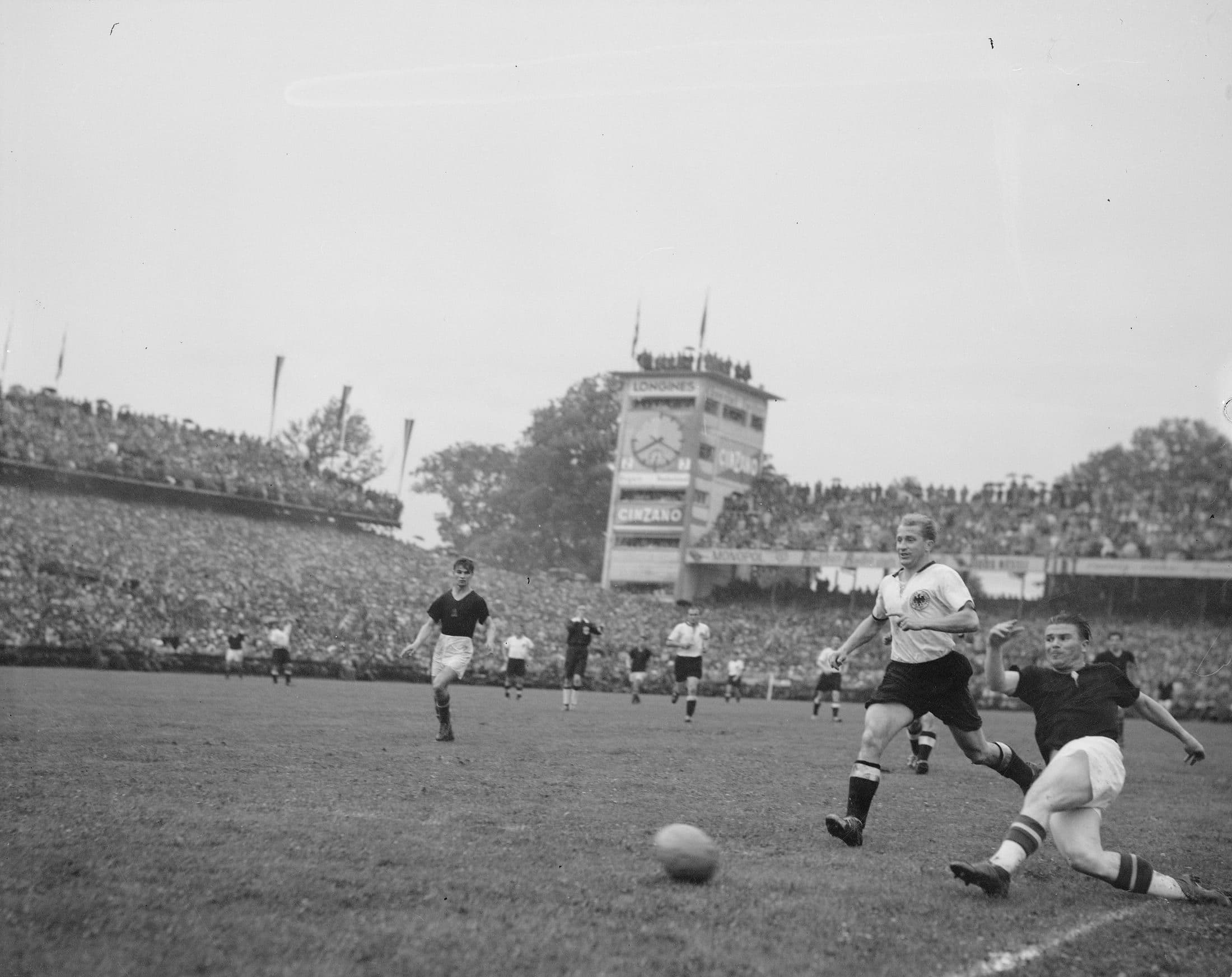 Action from the 1954 World Cup final at Wankdorf Stadium, Bern