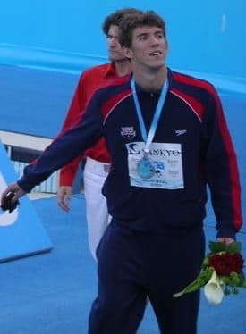 Michael Phelps at a medal ceremony at the 2004 Athens Olympics